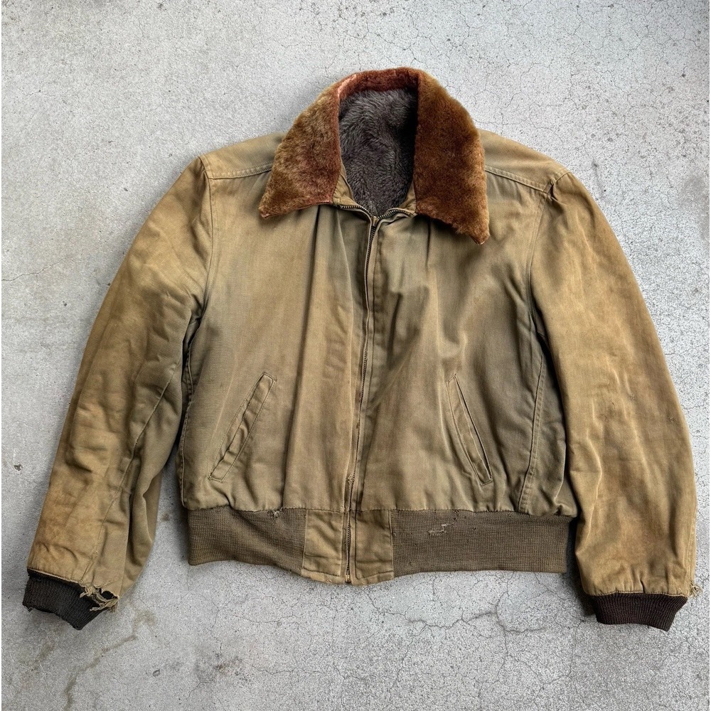 Vintage 40s USAF B-15 Bomber Jacket WW2 Alpaca Lining Large Distressed Mouton